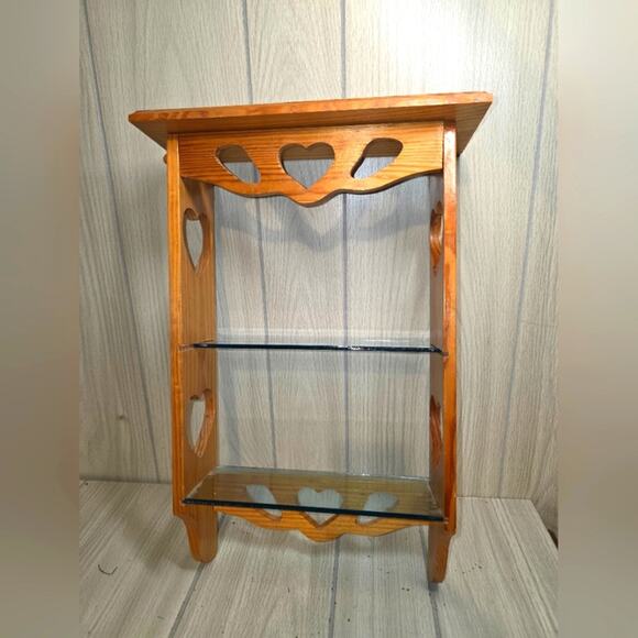 Vtg 80s Heart Design Carved Wood Wall Shelf W/Glass Inserts Farmhouse Coquette - Picture 1 of 8
